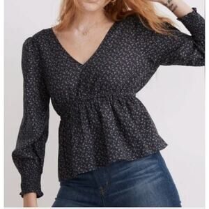 Madewell Tie Back Peplum Top Campden Floral Smocked Sleeve Navy Size XS